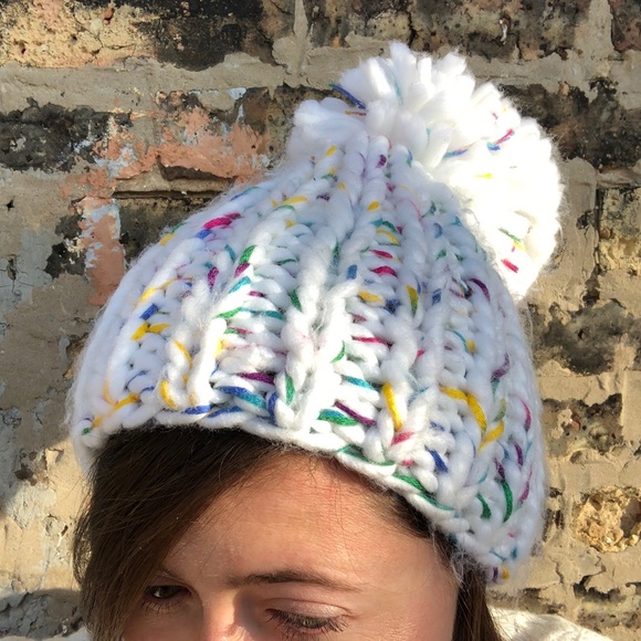 White Colorful Pom Pom Hat - Picture 1 of 8